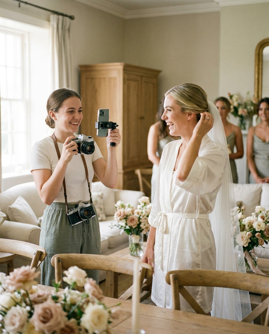 Ray filming a candid moment on her camera and phone while sharing a laugh with a bride getting ready.