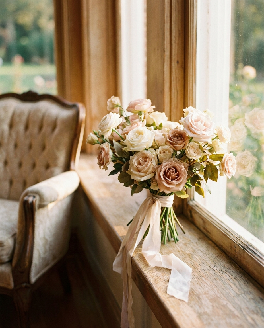 A bride's bouquet of blush and cream roses photographed with soft, shallow focus.