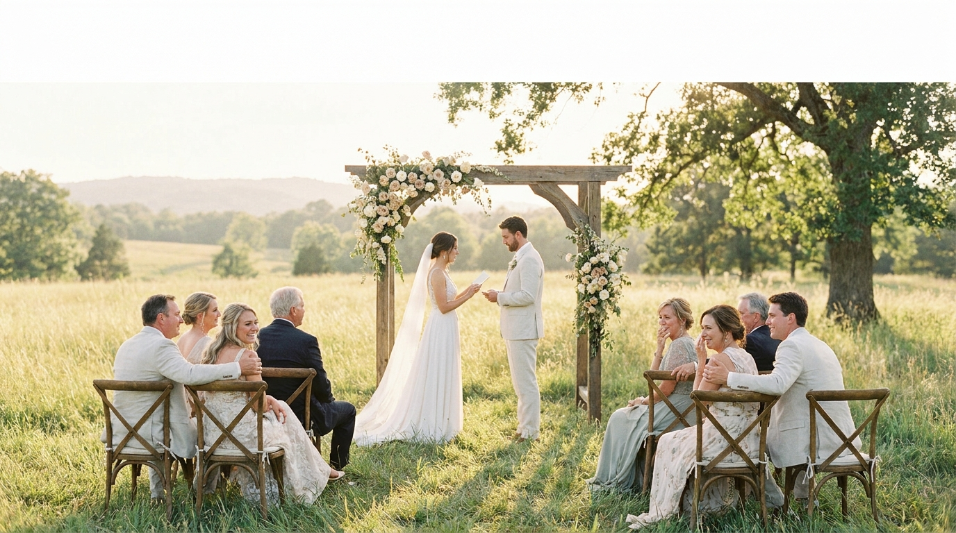 A wide view of an outdoor wedding ceremony beneath a floral arch, with family watching emotionally from either side.