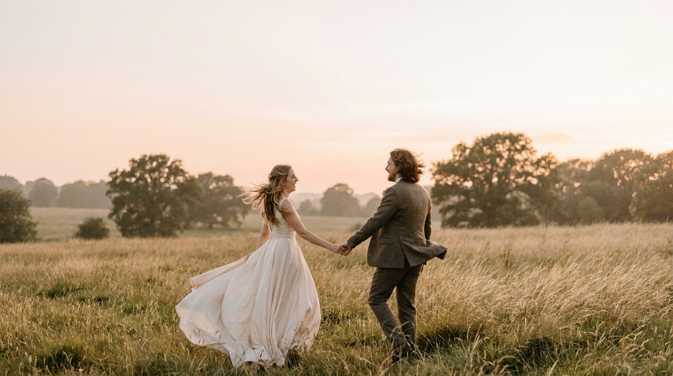 A bride and groom walking through an open field at sunset, her veil caught in the wind.
