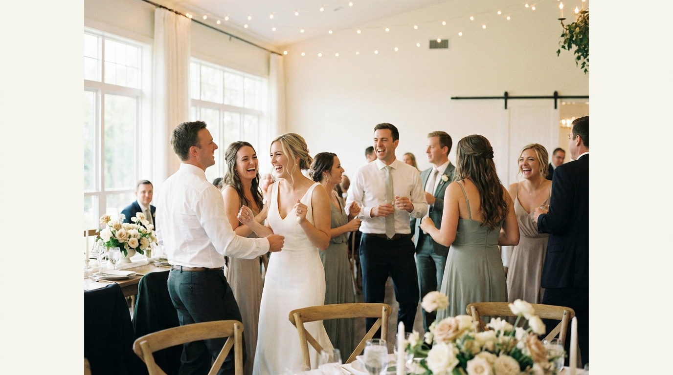 Guests and the bride laughing and dancing together at the reception under warm string lights.