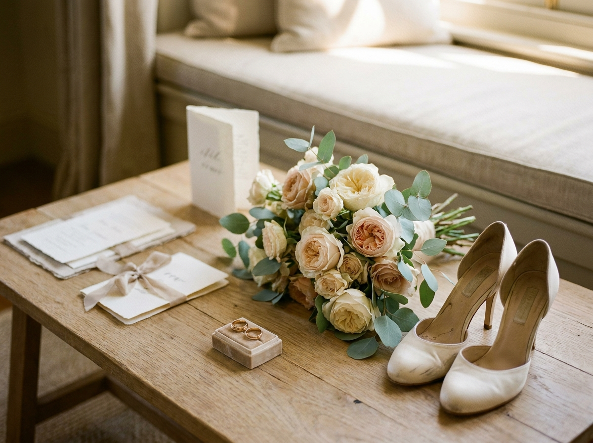 An editorial flat lay of a wedding bouquet, rings, and shoes on a wooden table, with an invitation suite softly out of focus behind them.