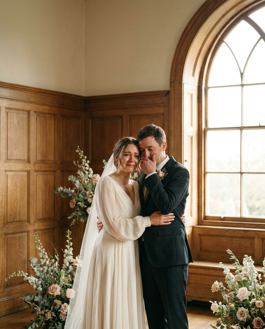 A groom wiping away tears during an emotional first look with his bride.