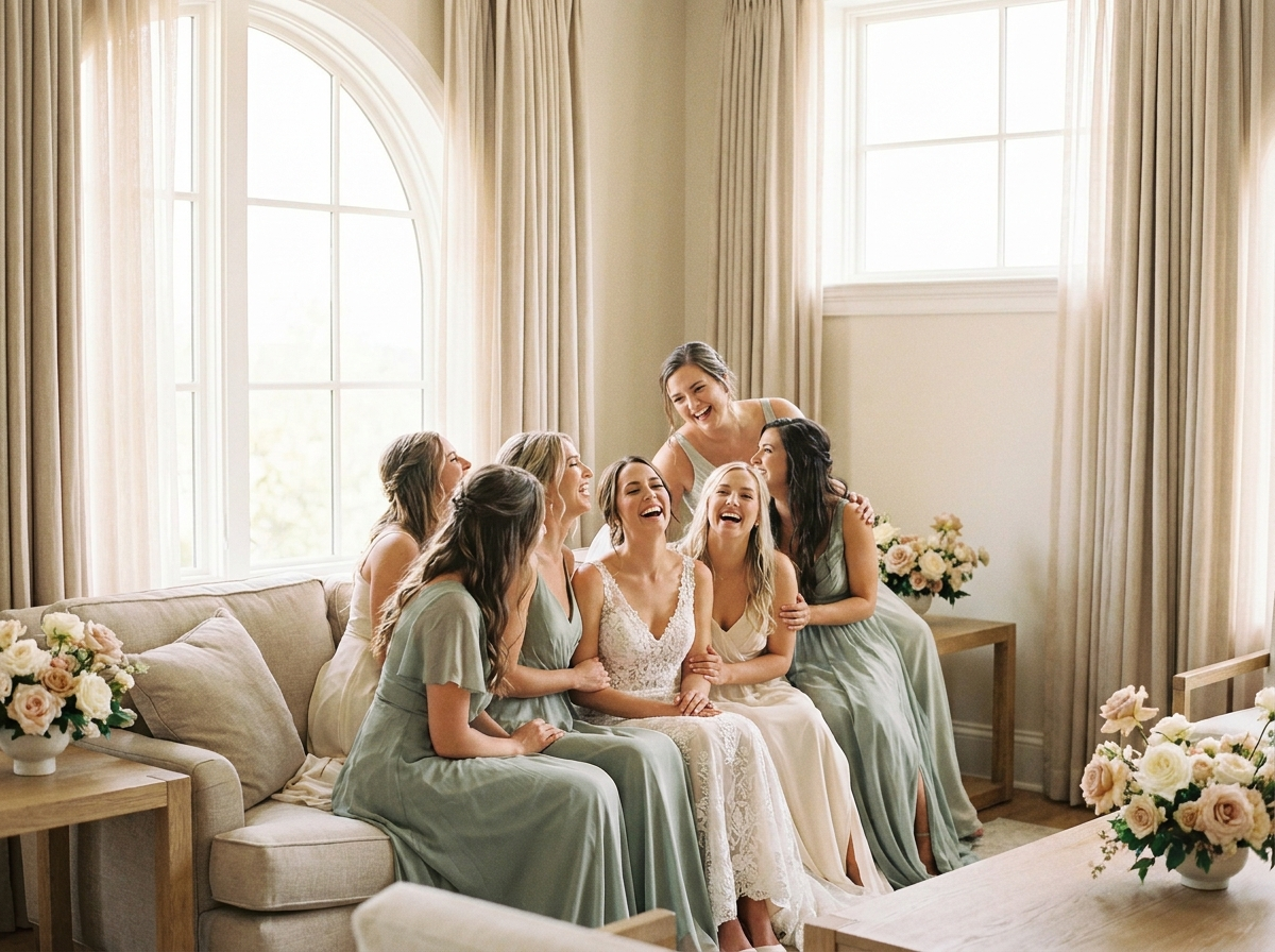A bride and her bridesmaids laughing together while getting ready in a sunlit bridal suite.