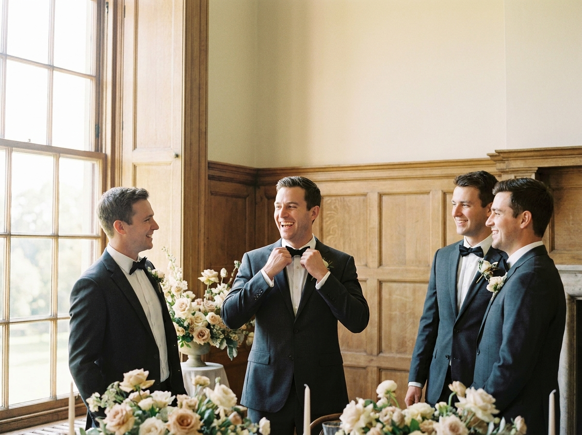 A groom laughing with his groomsmen while adjusting his tie before the ceremony.