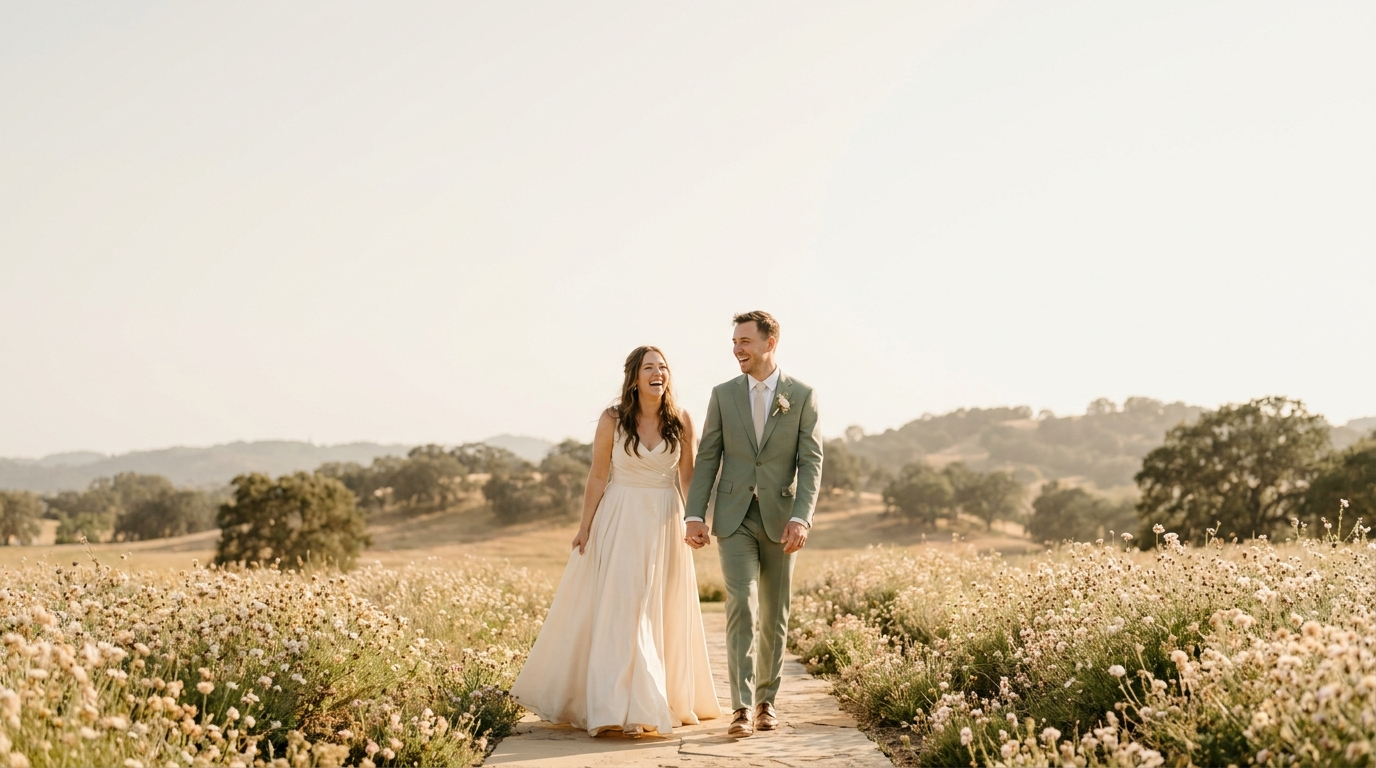 Bride and groom laughing together while walking hand in hand through a golden-hour field after their ceremony.