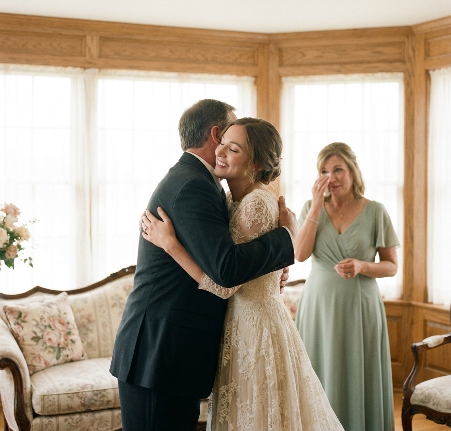 A father embracing his daughter before walking her down the aisle, her mother watching with tears nearby.