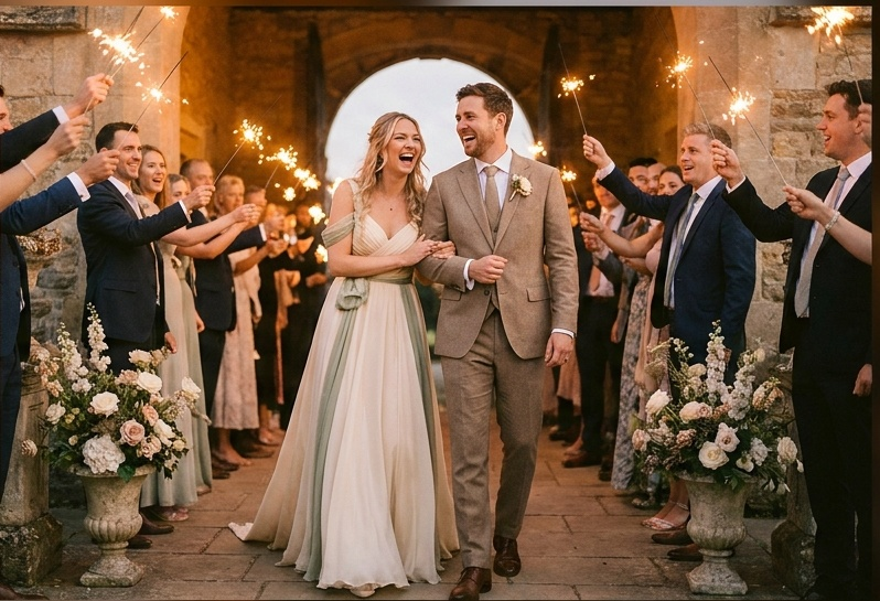 A joyful sparkler exit at night as the couple leaves their reception.