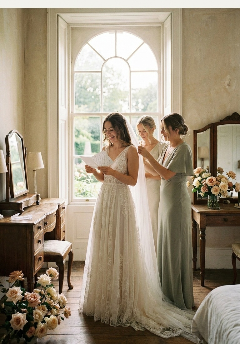 A candid, behind-the-scenes wedding moment framed vertically, the kind shared to Instagram or TikTok.