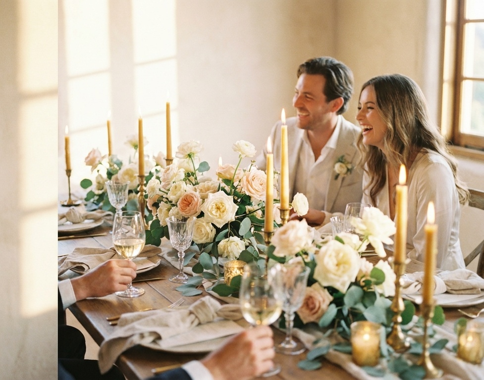 A candlelit wedding reception tablescape with warm florals in the evening light.