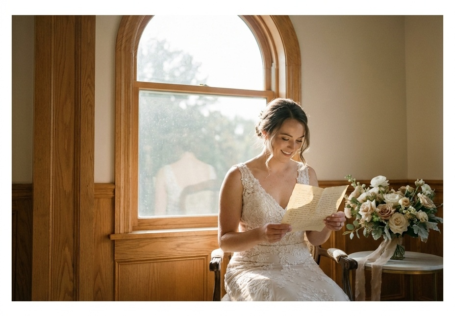 A bride quietly reading her handwritten vows alone beside a large window in soft morning light.